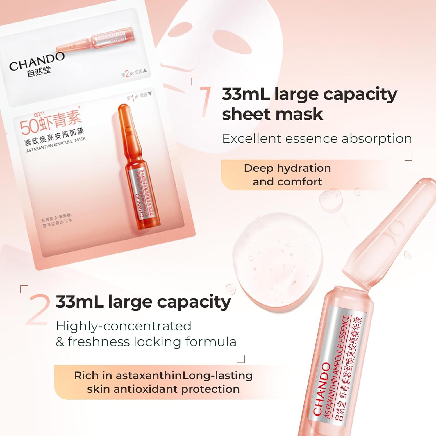 2-Step Astaxanthin Firming Ampoule Mask (1.5Ml+33Mlx5Pcs) - Firming & Radiance-Boosting with Astaxanthin for Wrinkle Reduction and Even Skin Tone